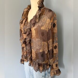 Tribal Sheer Floral Ruffle Blouse Brown Boho Romantic Top Size 10 (Medium)